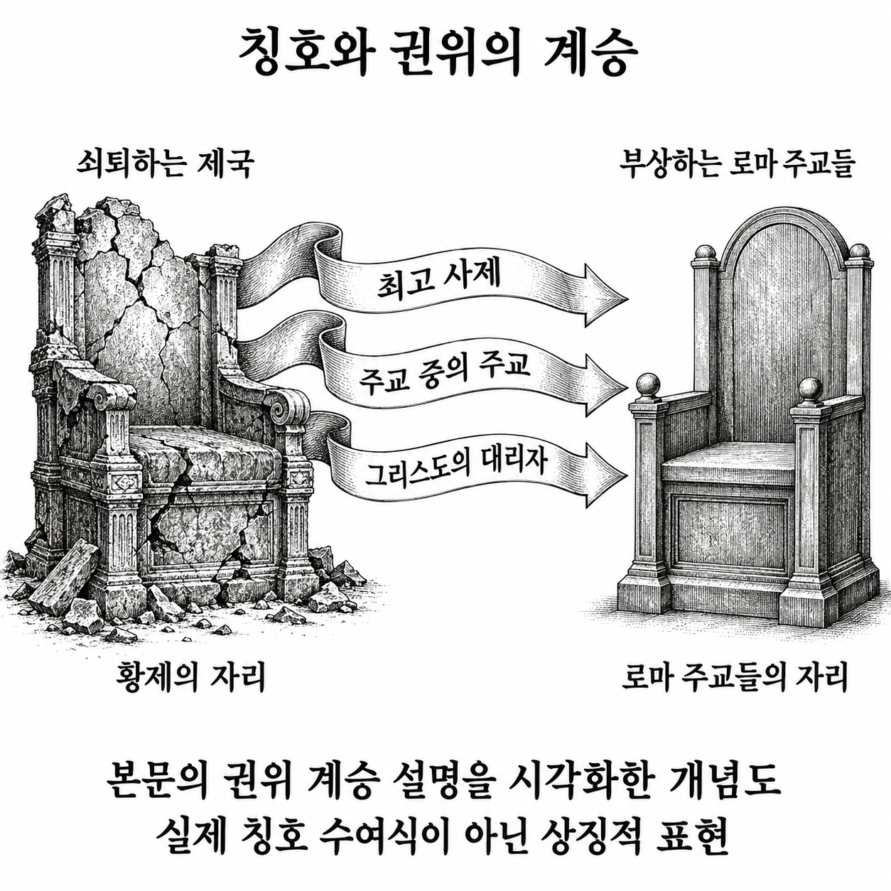제국 쇠퇴 뒤 로마 주교들이 황제의 칭호와 권위를 이어받았다는 설명.