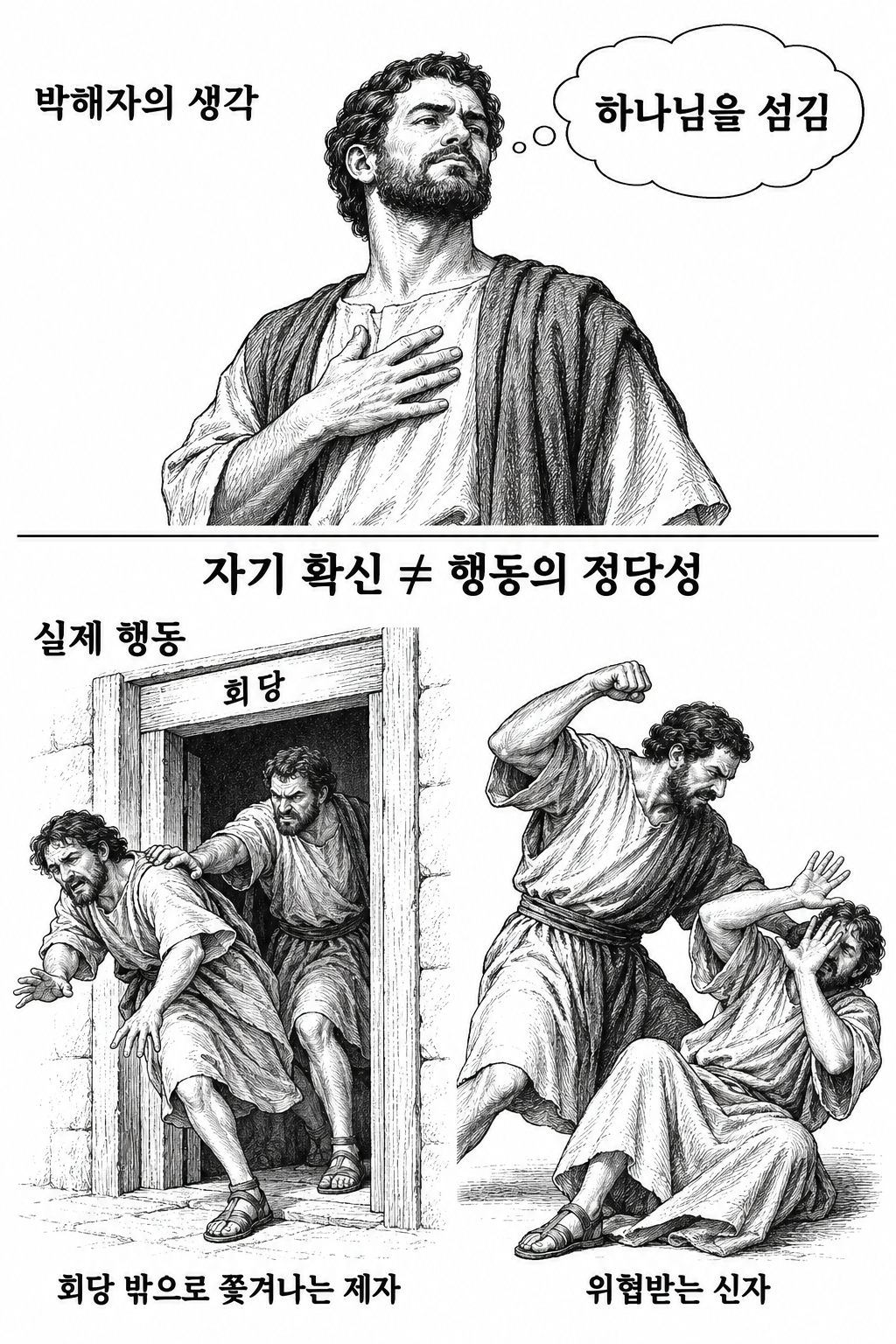 하나님을 섬긴다고 생각하면서 제자들을 박해하는 행동의 모순.