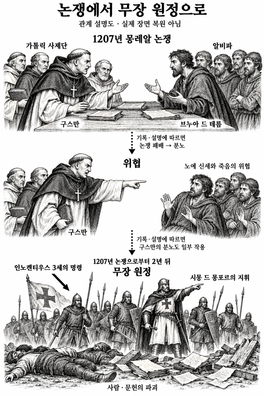 알비파와의 신학 논쟁에서 무장 원정과 문헌 파괴로 이어졌다는 서술.