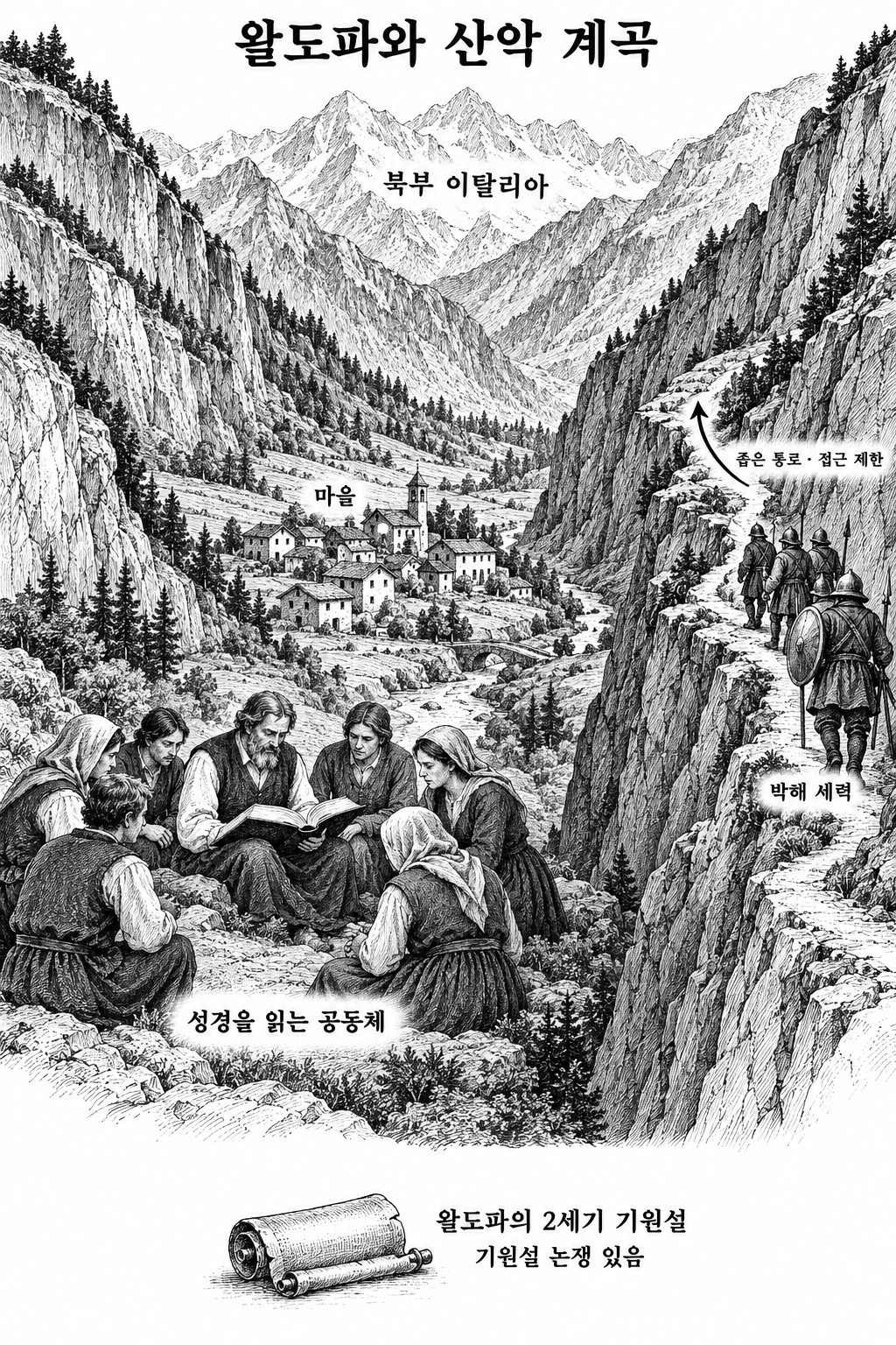산악 계곡이 신앙 공동체의 생존을 도왔다는 설명과 논쟁 중인 왈도파 기원설.