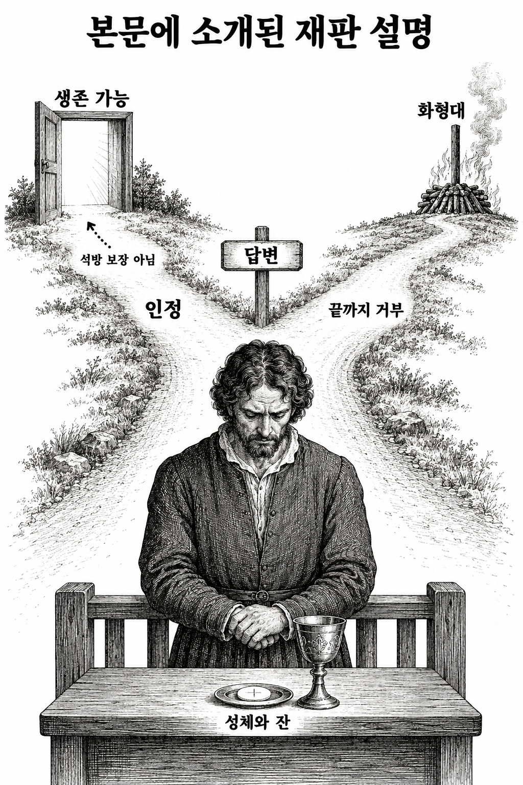화체설에 대한 답변이 생존 가능성과 처형을 가르는 선택이 되었다는 설명.
