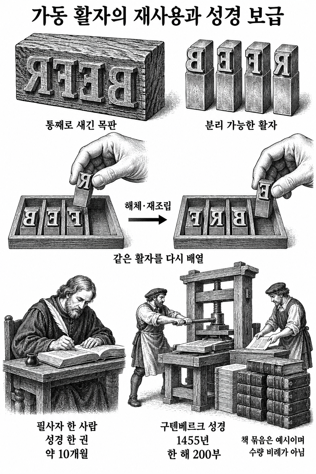 재배열 가능한 가동 활자의 원리와 필사·인쇄의 제작량 차이.