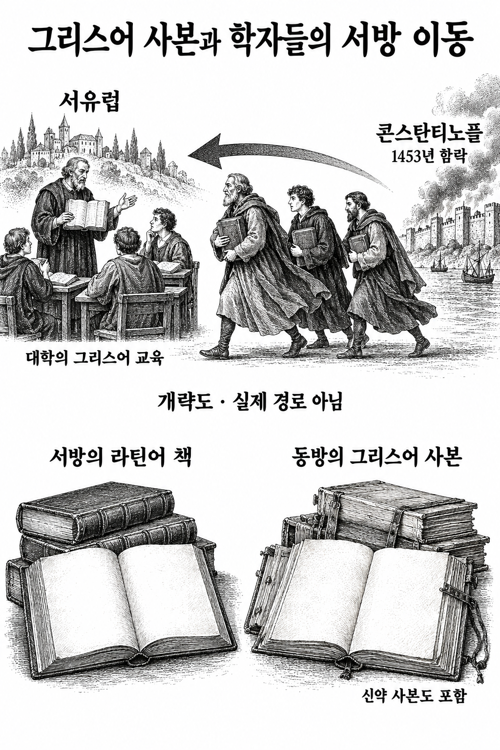 콘스탄티노플 함락 뒤 그리스어 사본과 그리스어 교육을 담당할 학자들이 서방으로 이동한 과정.