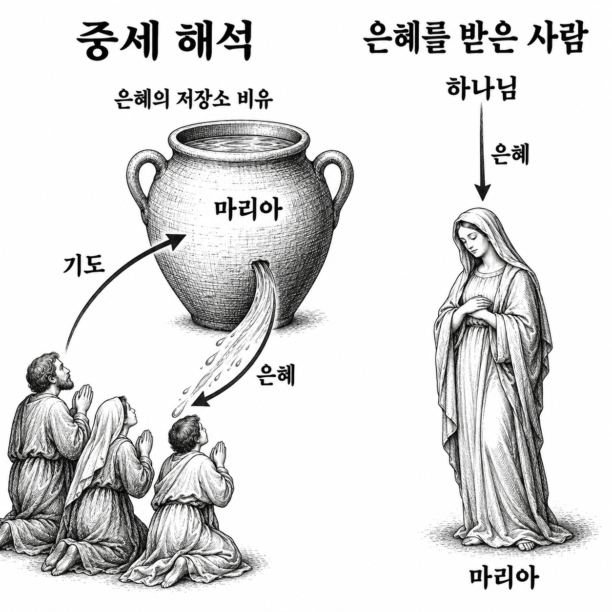 마리아가 은혜를 공급한다는 해석과 마리아 자신이 은혜를 받았다는 의미의 방향 차이.