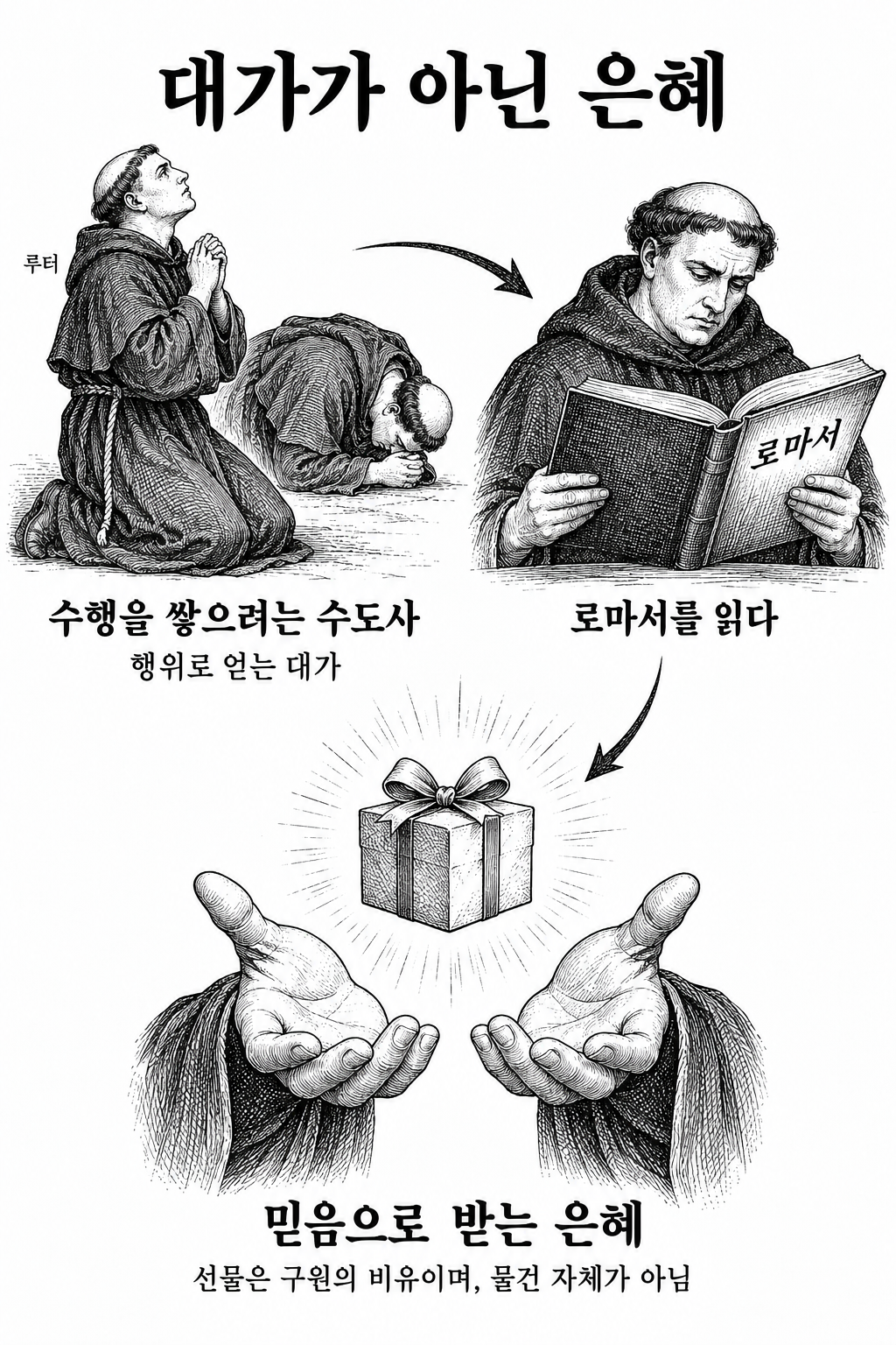 보속과 행위로 하나님을 기쁘시게 하려던 노력에서 믿음으로 받는 은혜를 깨닫는 전환.