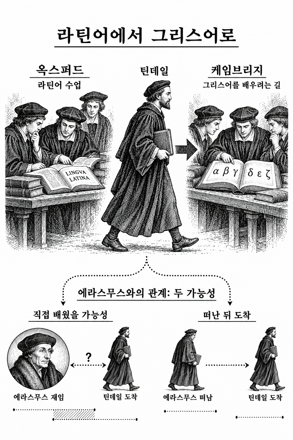 그리스어 공부를 위한 이동과 에라스무스에게 직접 배웠는지를 둘러싼 두 견해.