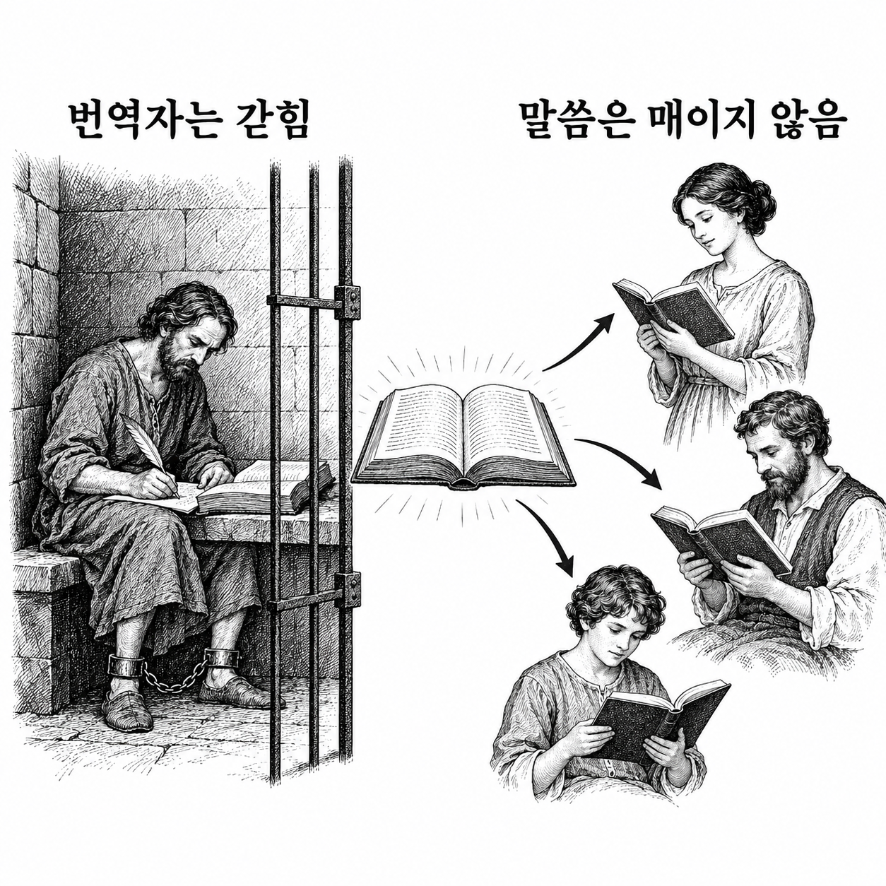 번역자의 수감과 죽음이 말씀의 전달까지 가두지는 못한다는 대조.