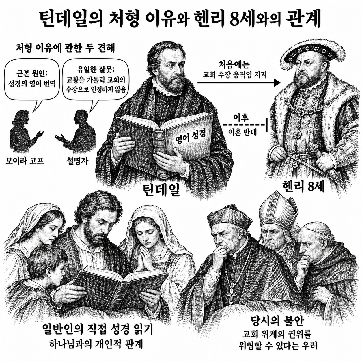 틴데일 처형 이유의 서로 다른 설명과 왕의 교회 수장 지지·이혼 반대의 구분.