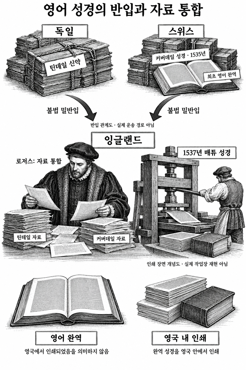 해외에서 인쇄해 반입하던 영어 성경과 영국 안에서 인쇄한 완역 성경의 차이.