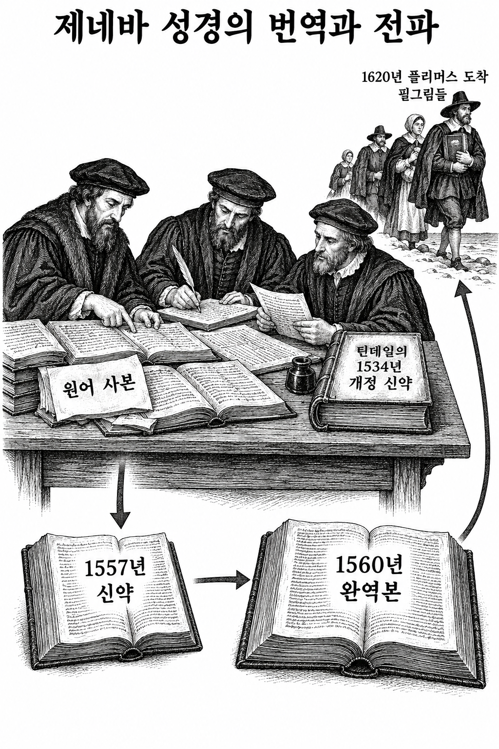 망명자들의 원어 연구와 틴데일 개정판 활용에서 제네바 성경과 필그림들의 독서로 이어지는 흐름.