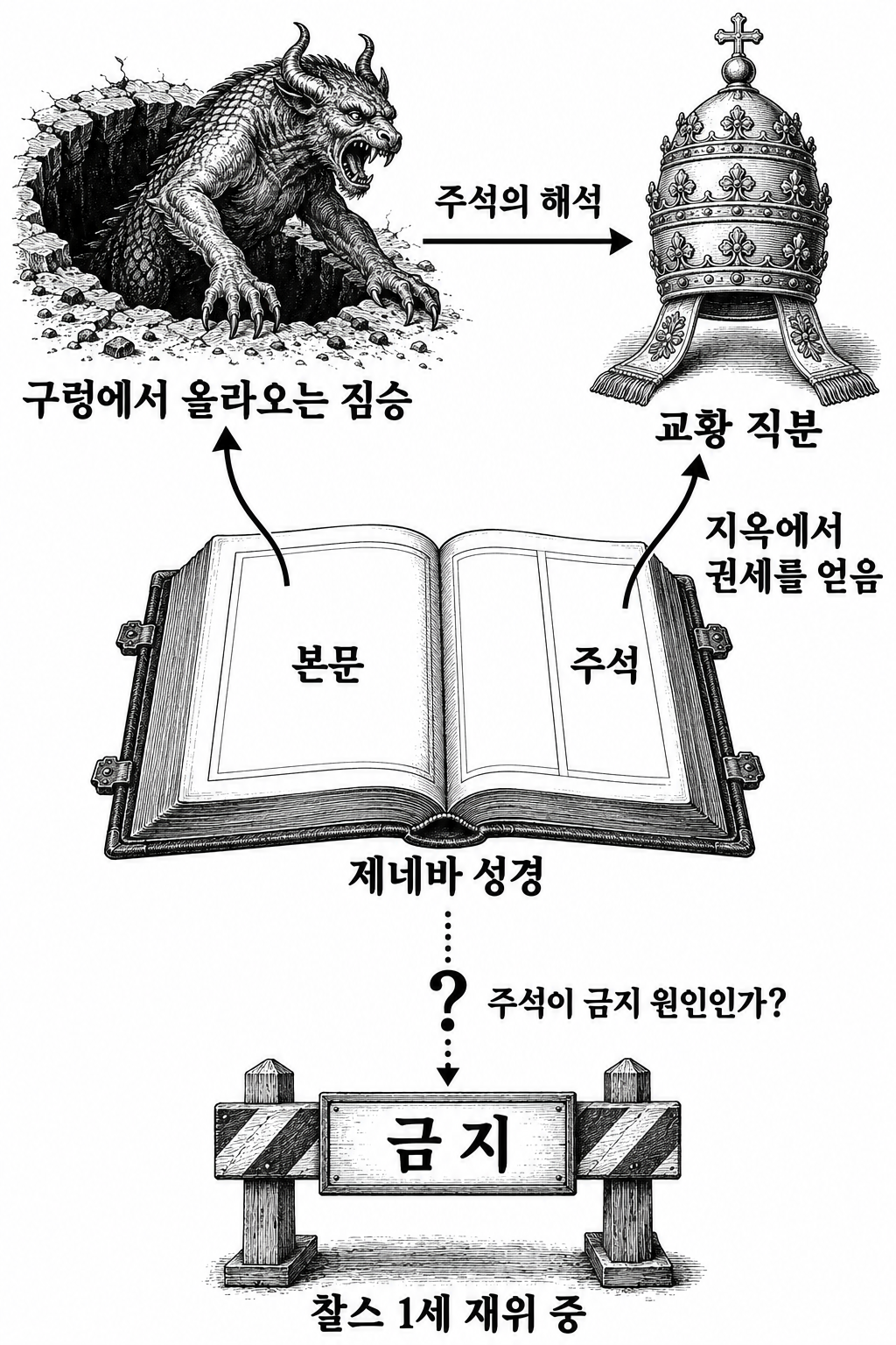 짐승을 교황으로 해석한 주석과 제네바 성경 금지 사이에 제기된 질문.