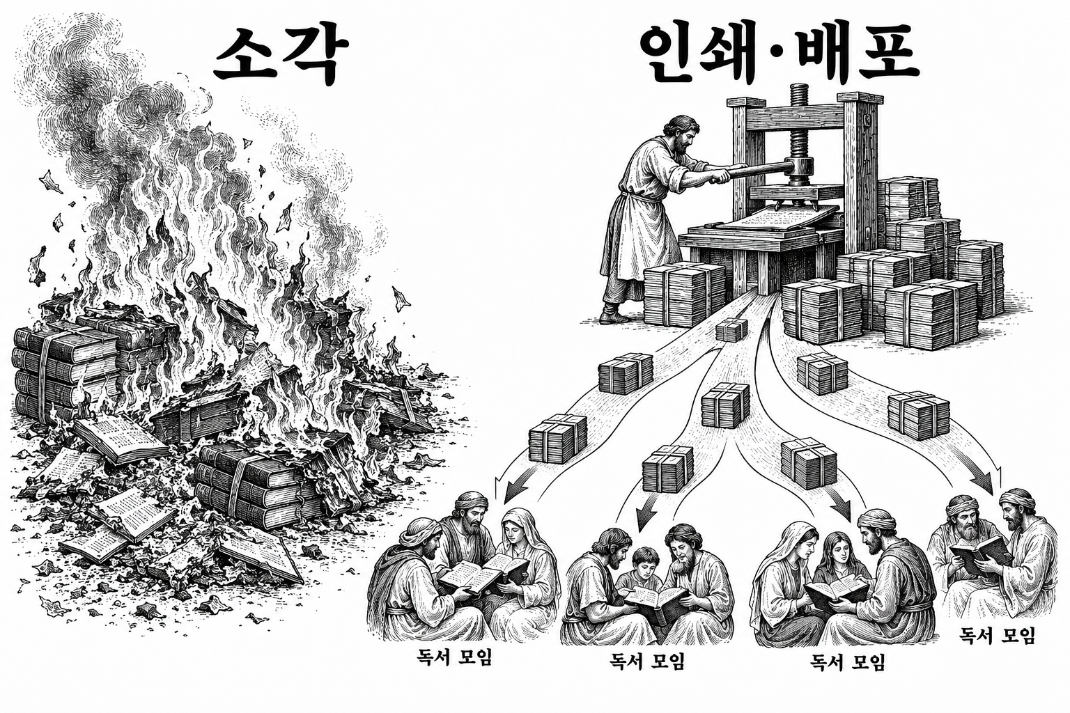 책을 파괴하는 억압에도 반복 인쇄와 넓은 배포로 가르침이 퍼지는 원리.