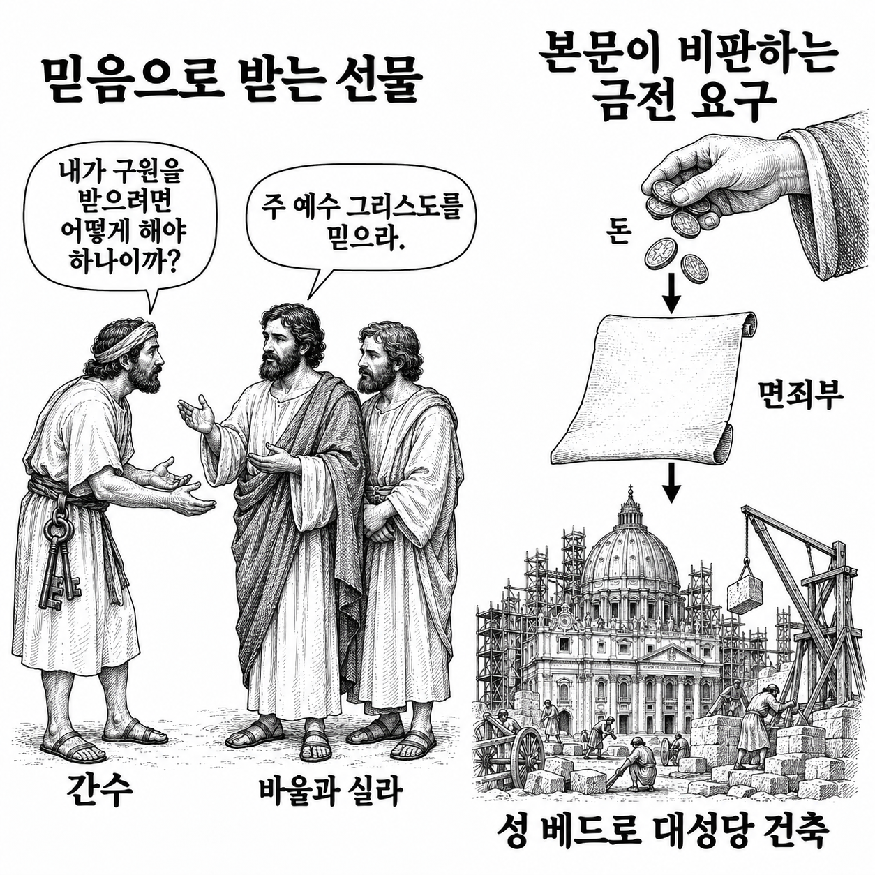 믿음으로 받는 구원과 면죄부 판매를 포함한 금전 요구에 대한 비판의 대조.