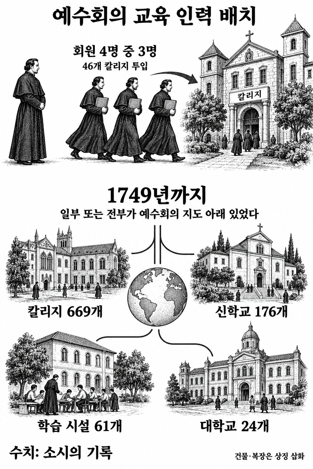 교육에 집중된 회원 배치와 기록에 제시된 예수회 교육기관의 확대 규모.