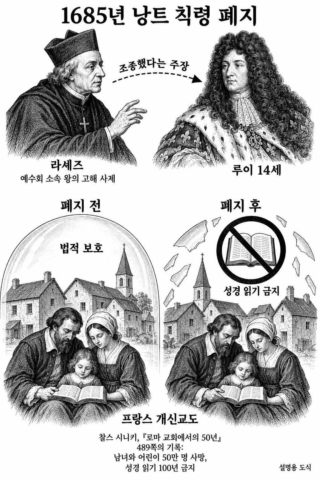 낭트 칙령 폐지로 보호를 잃은 개신교도들과 그 배후 영향에 관한 주장.