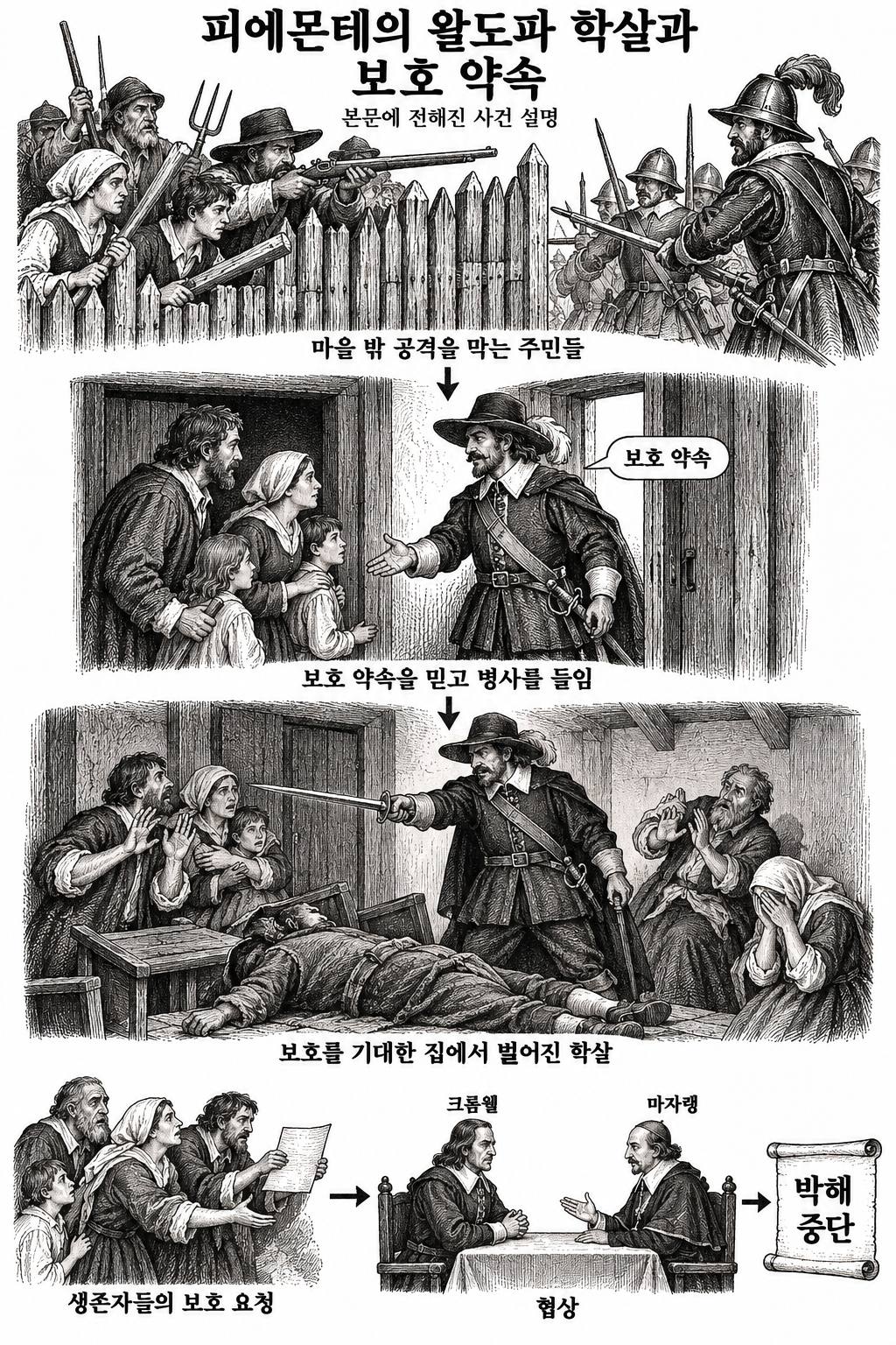 보호 약속에 따른 군대 수용이 학살로 바뀌고 생존자들이 외부 보호를 요청한 과정.