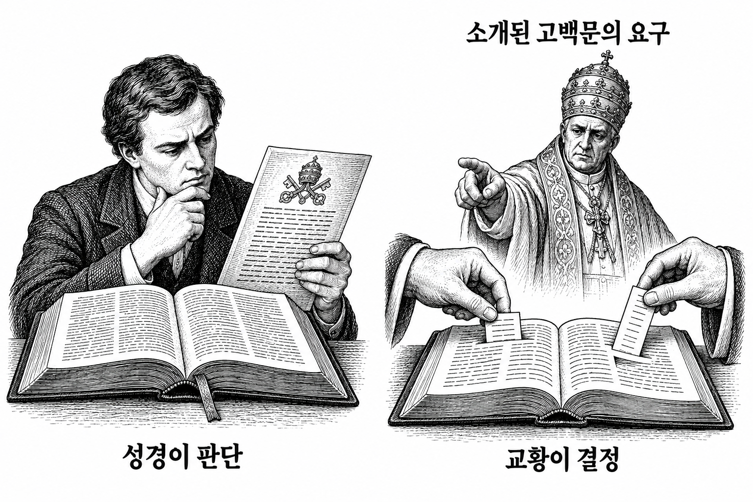 성경으로 교황의 권위를 판단하는 방식과 교황이 성경의 내용을 결정한다는 요구의 대립.