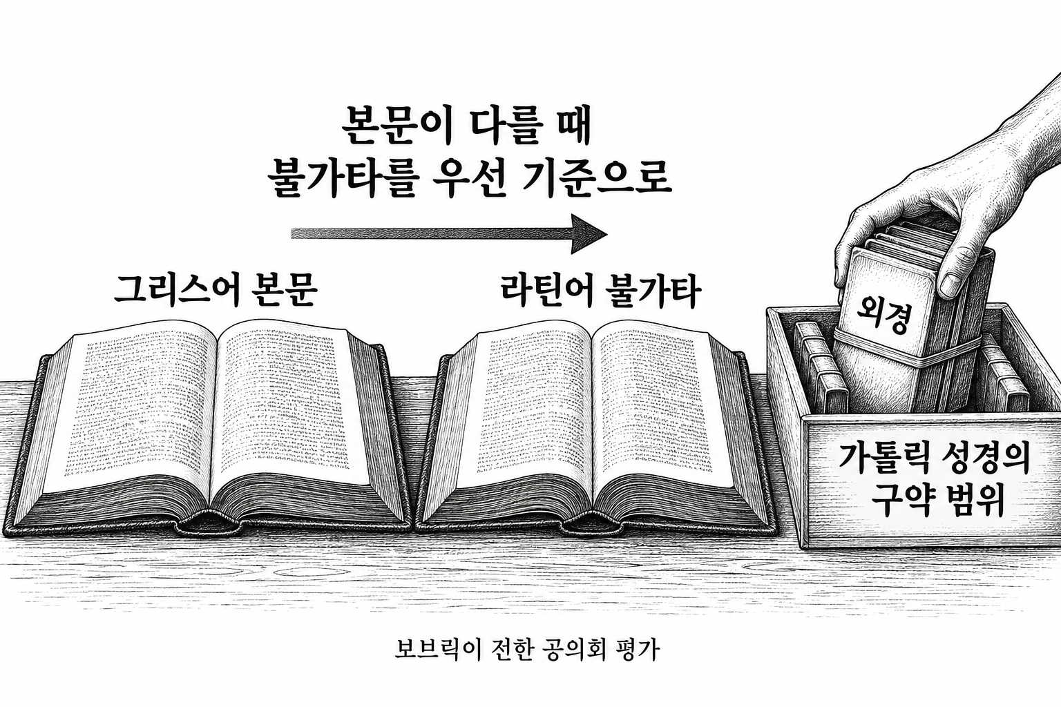 본문 차이를 판단하는 기준으로 불가타를 높이고 외경을 성경 범위에 포함했다는 서술.