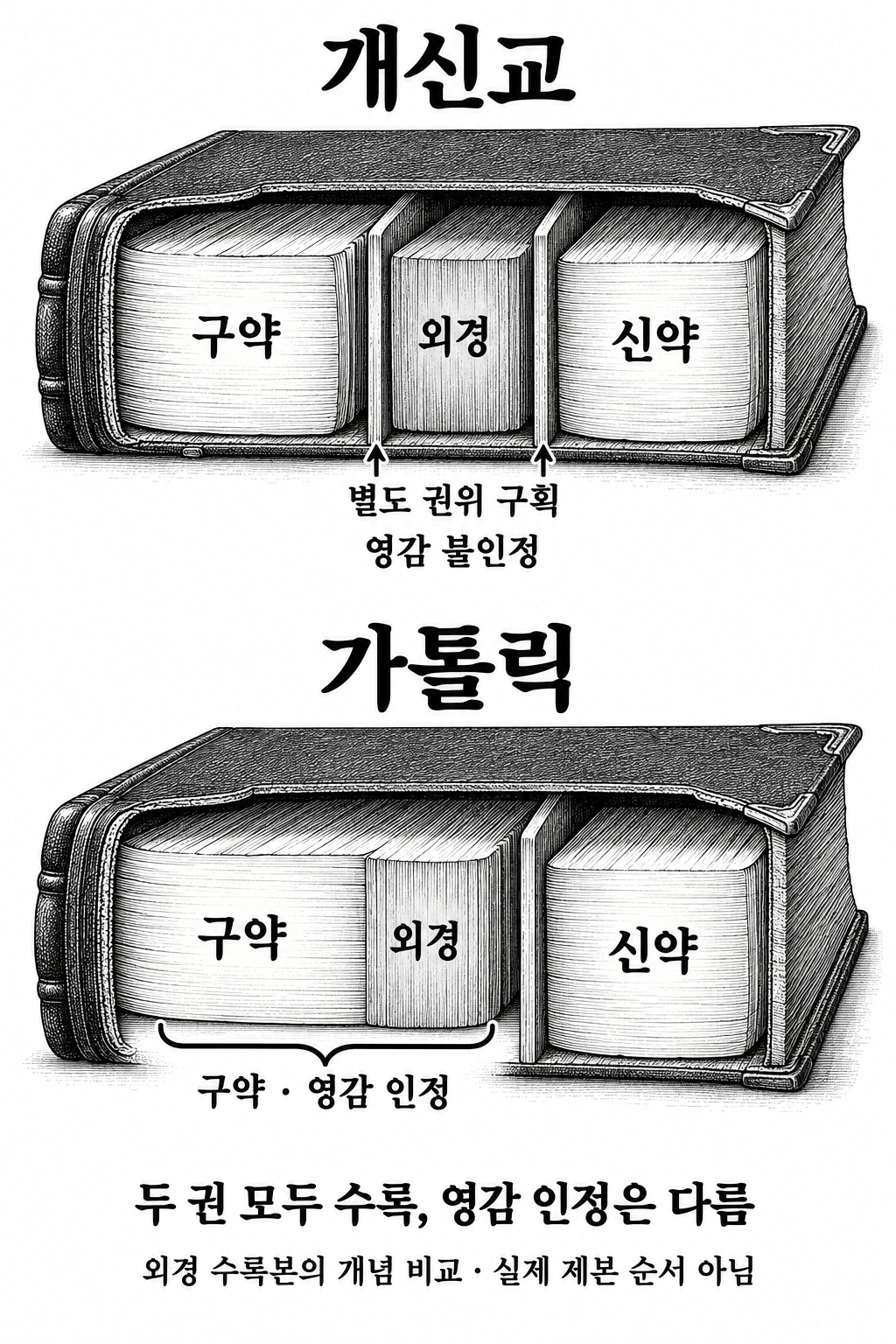 같은 책을 수록하더라도 영감받은 성경으로 인정하는지는 다를 수 있다는 구분.