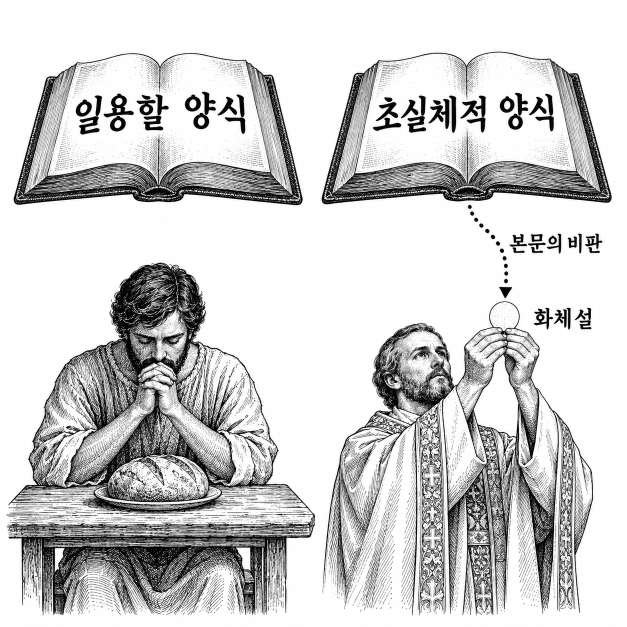 일용할 양식과 초실체적 양식이라는 번역 차이 및 화체설과의 연결에 대한 비판.