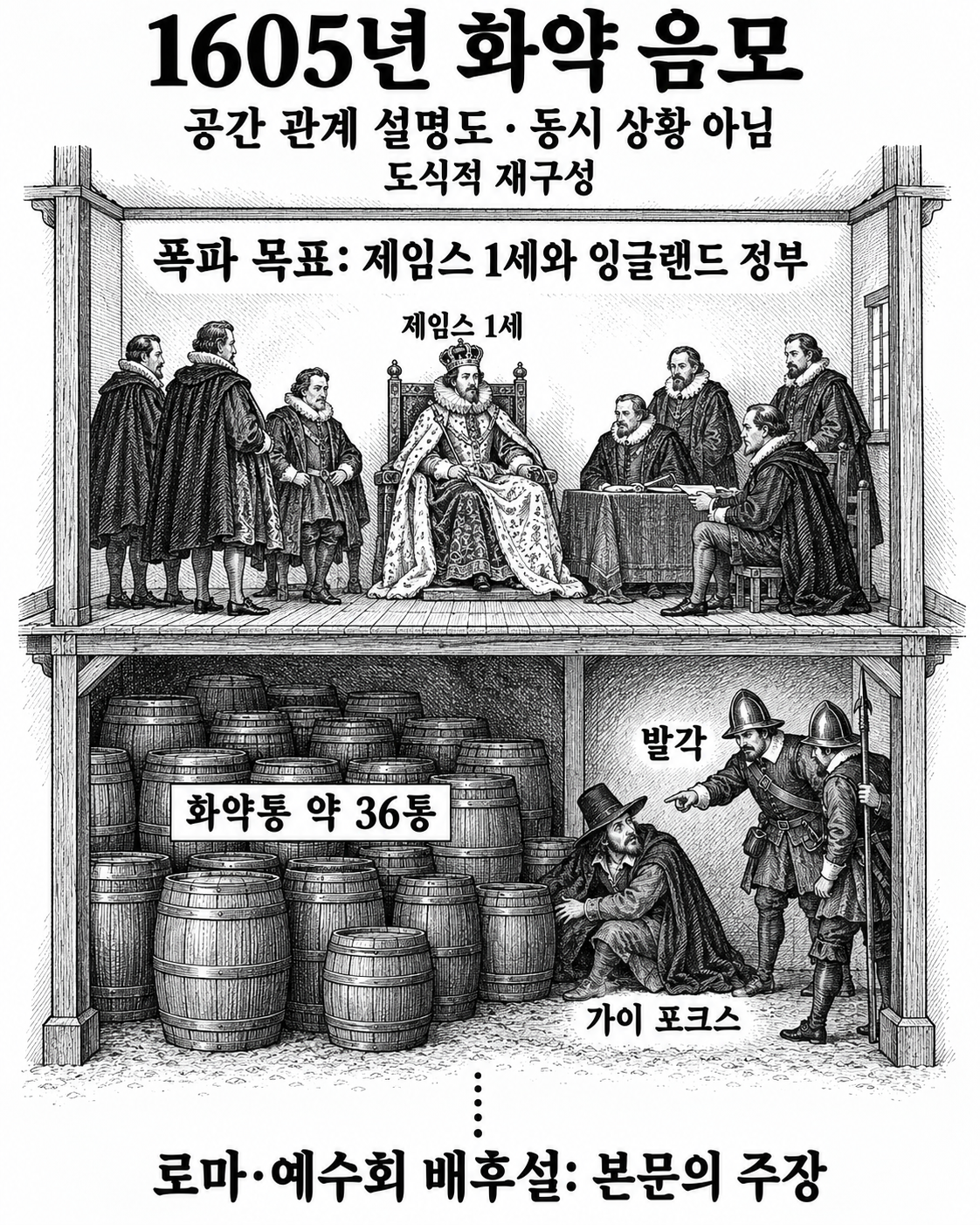 의사당 아래 화약으로 왕과 정부를 겨냥했다가 발각된 계획의 공간적 관계.