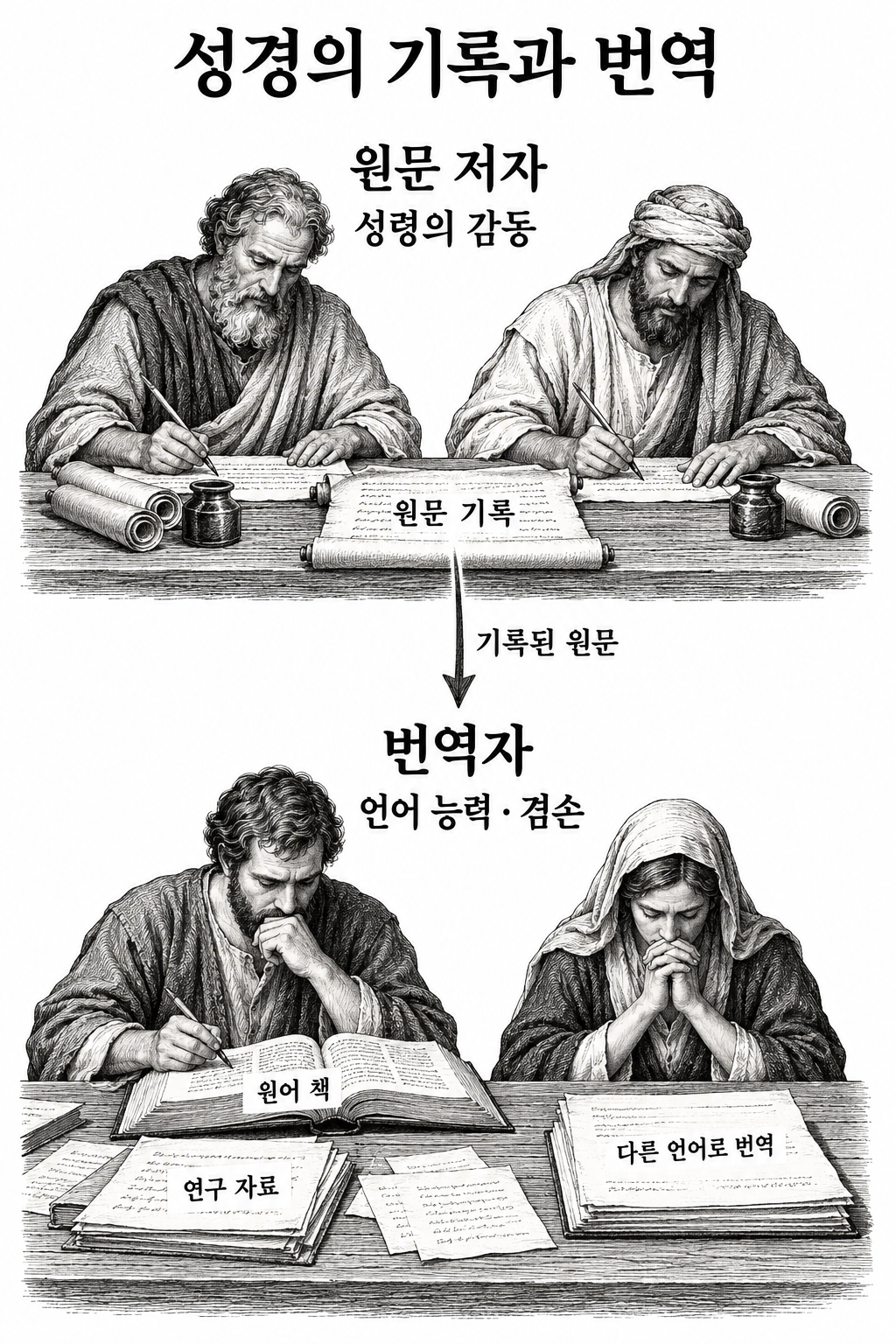 원문 기록의 영감과 그 원문을 옮기는 번역자의 학식·영적 태도의 구분.