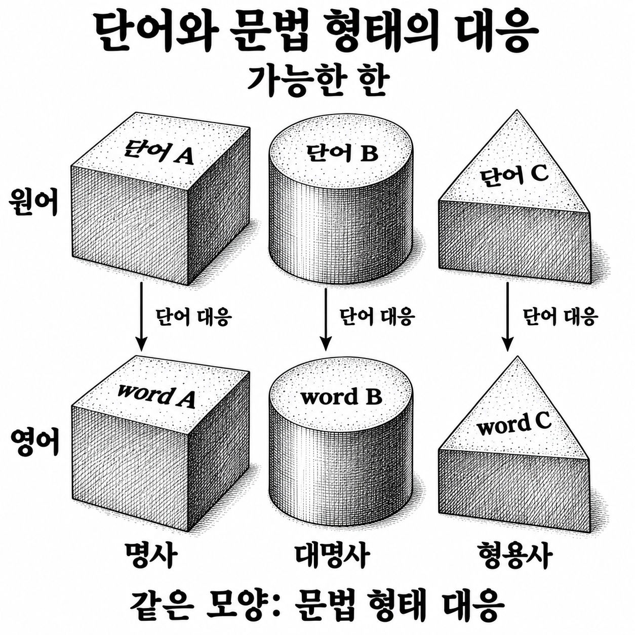 원문의 단어를 대응시키는 원칙과 문법적 형태를 보존하는 원칙의 차이.
