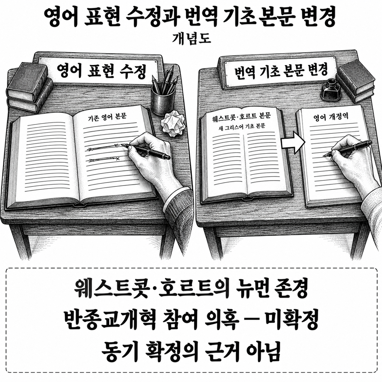 영어 문장 개정과 기초 그리스어 본문 변경의 차이, 그리고 별도로 제기된 동기 의혹.