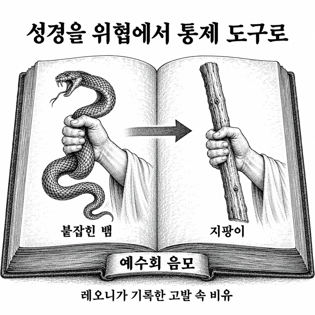 성경을 제거하기보다 장악해 도구로 바꾸려 했다는 고발 속 뱀과 지팡이의 비유.