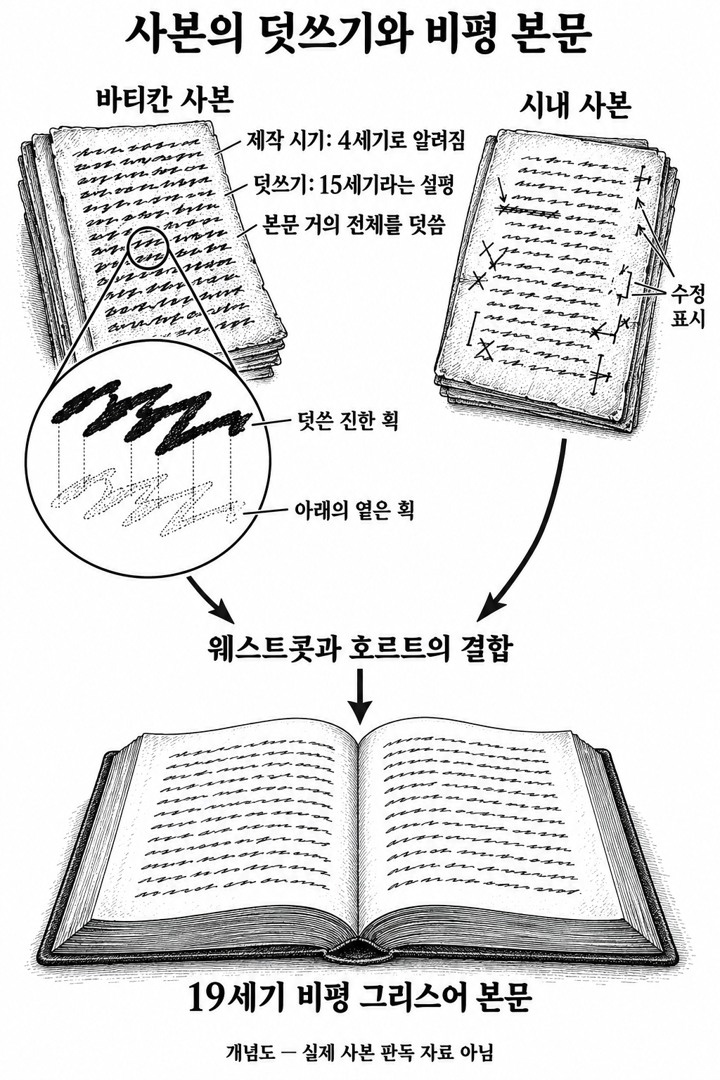 사본의 제작 시기와 덧쓰기 시기의 차이, 두 사본을 바탕으로 한 비평 본문 형성 설명.