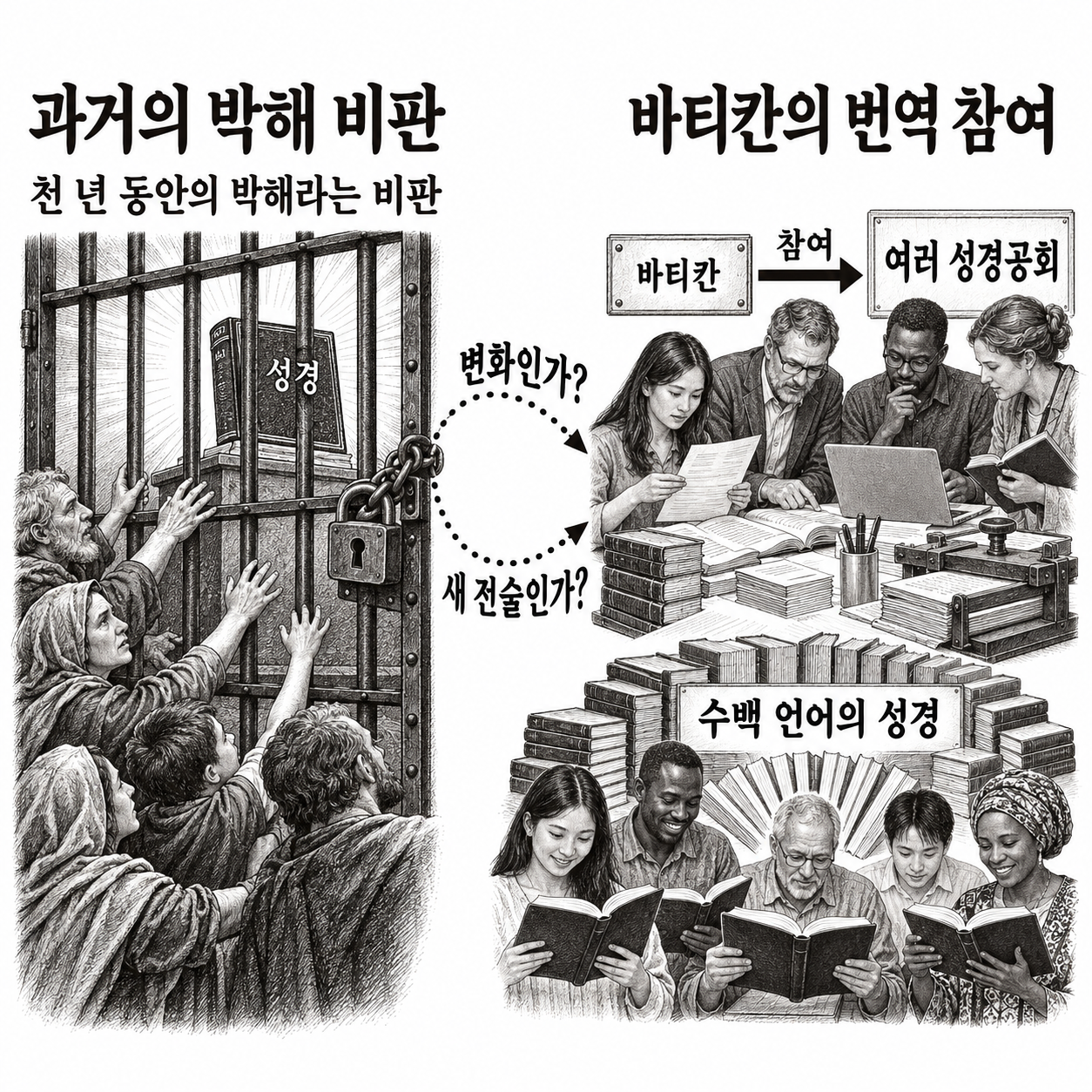 성경 독서를 억압했다는 과거 비판과 오늘날 번역 참여를 대조하며 남기는 두 질문.