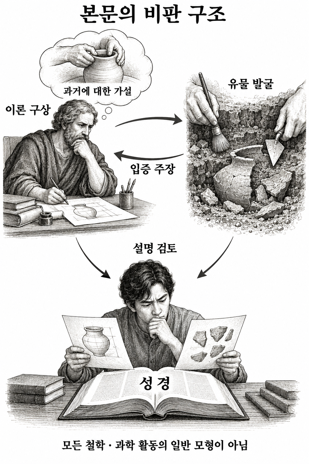 과거에 대한 이론과 발굴을 통한 입증 주장을 성경의 경고에 비추어 검토하는 본문의 구조.