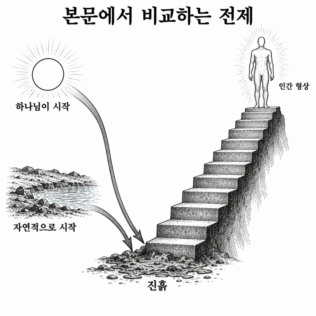 유신진화론과 자연주의적 진화론은 시작 설명이 다르지만 인간의 점진적 상승이라는 전제를 공유한다는 비교.
