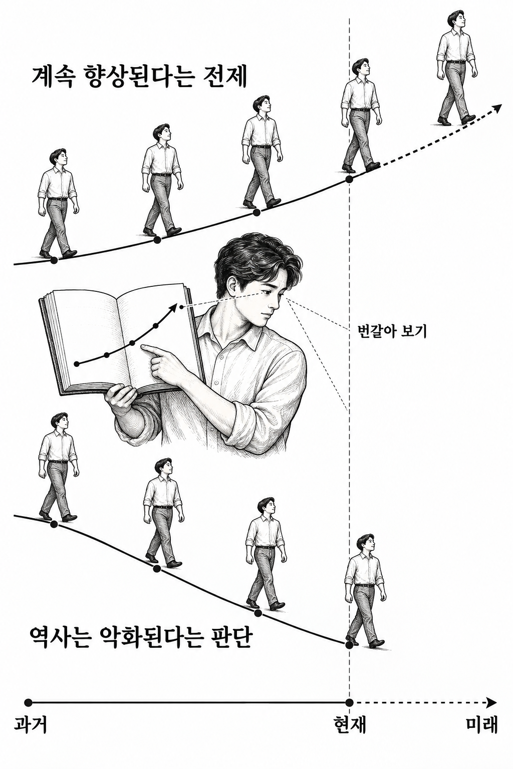 인간의 지속적 향상이라는 전제와 역사가 악화된다는 본문의 판단이 충돌하는 구조.
