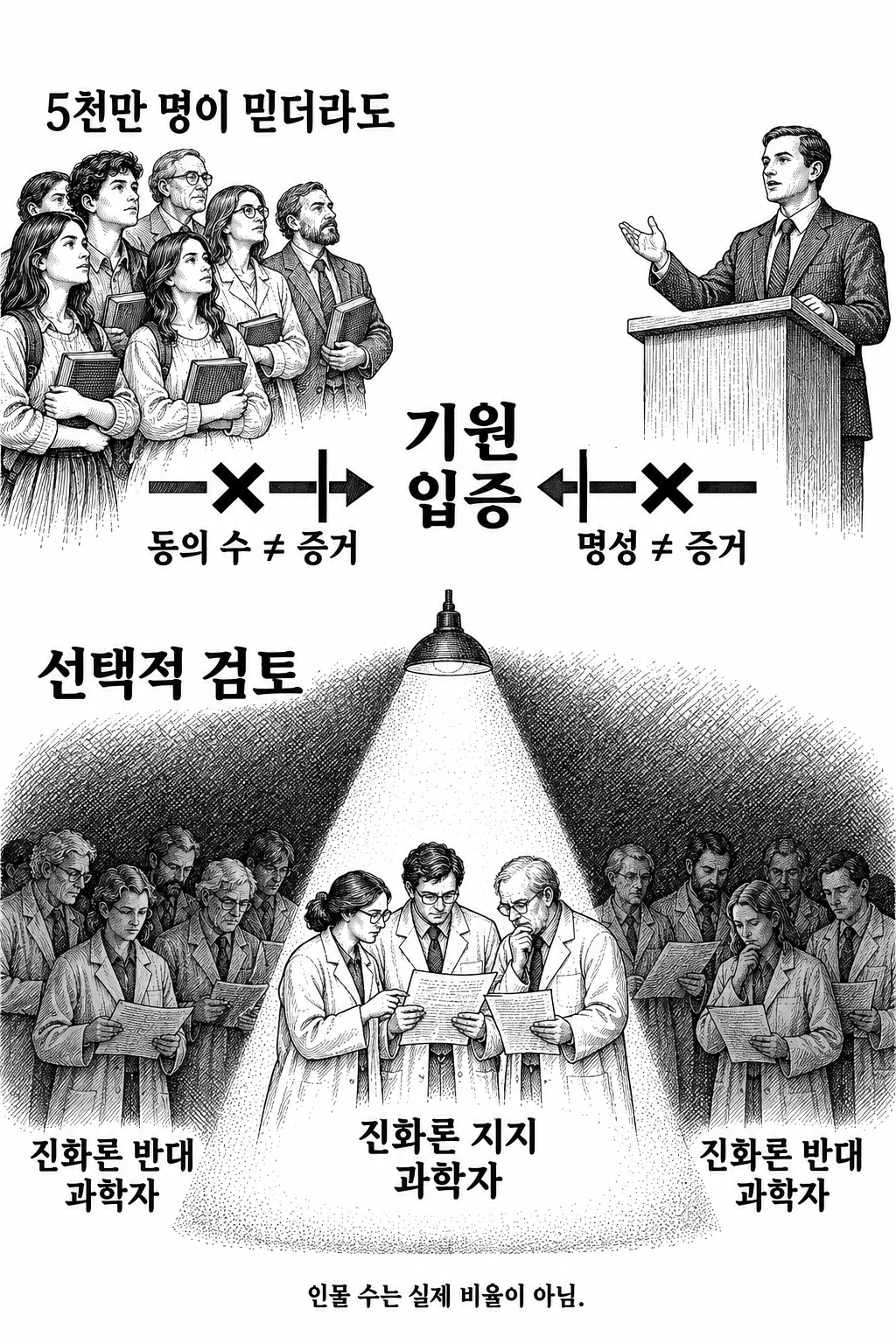 다수의 동의, 개인의 권위, 지지자만 선택하는 검토를 기원에 대한 증거와 구별하는 그림.