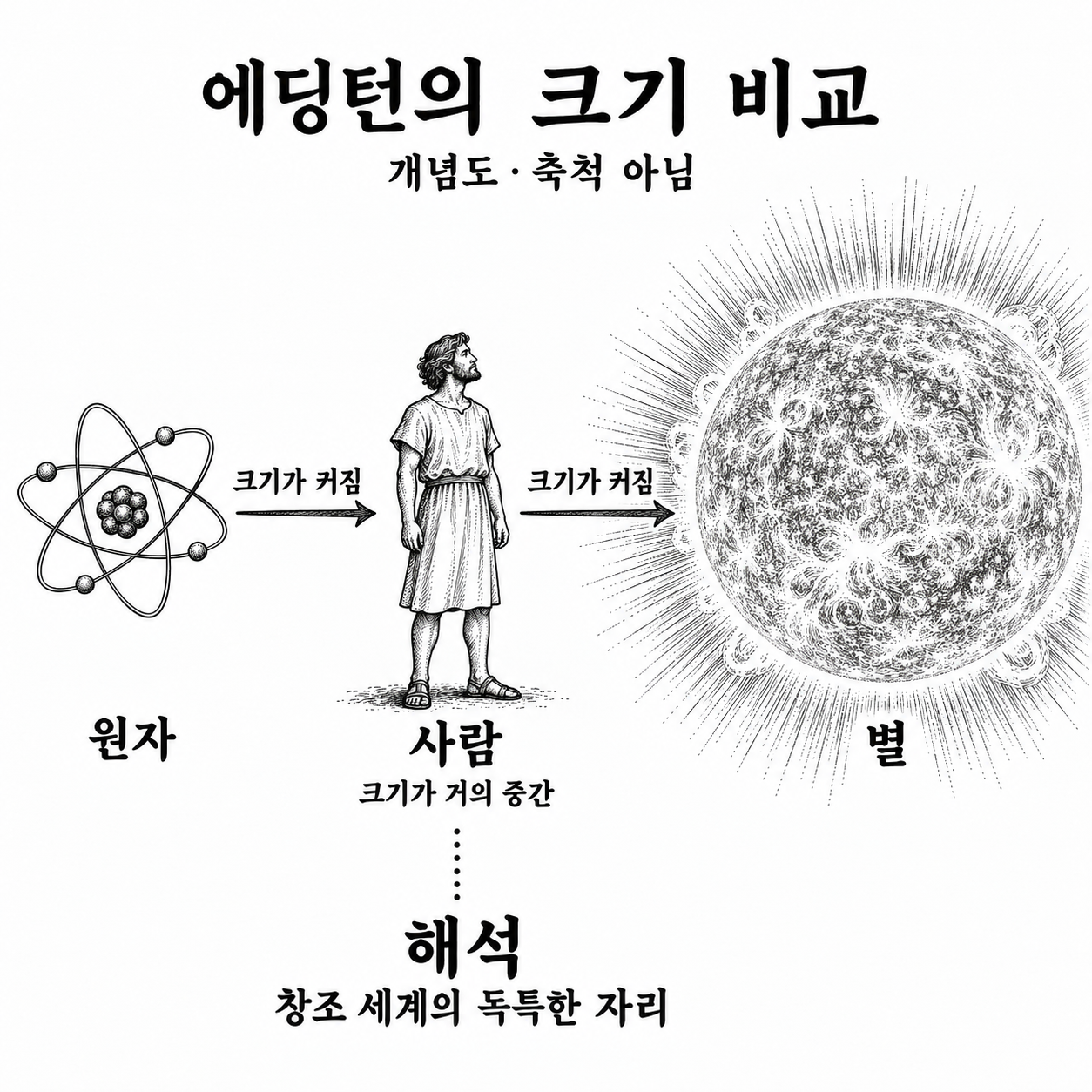 원자와 별 사이에 인간을 놓는 에딩턴의 크기 비교와 본문이 부여한 의미.