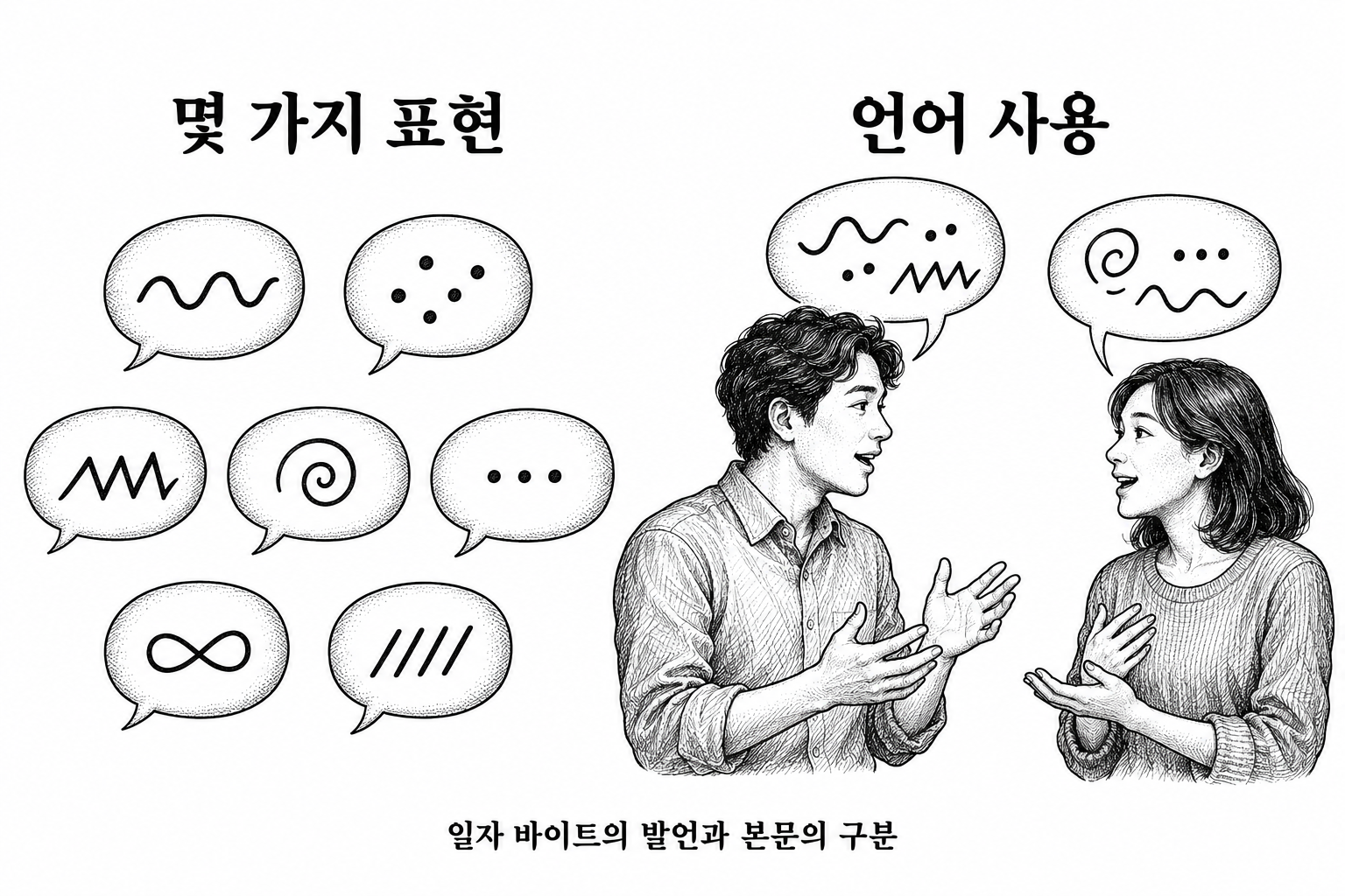 몇 가지 표현을 갖는 것과 언어를 구사하는 능력을 구별하는 본문의 비교.