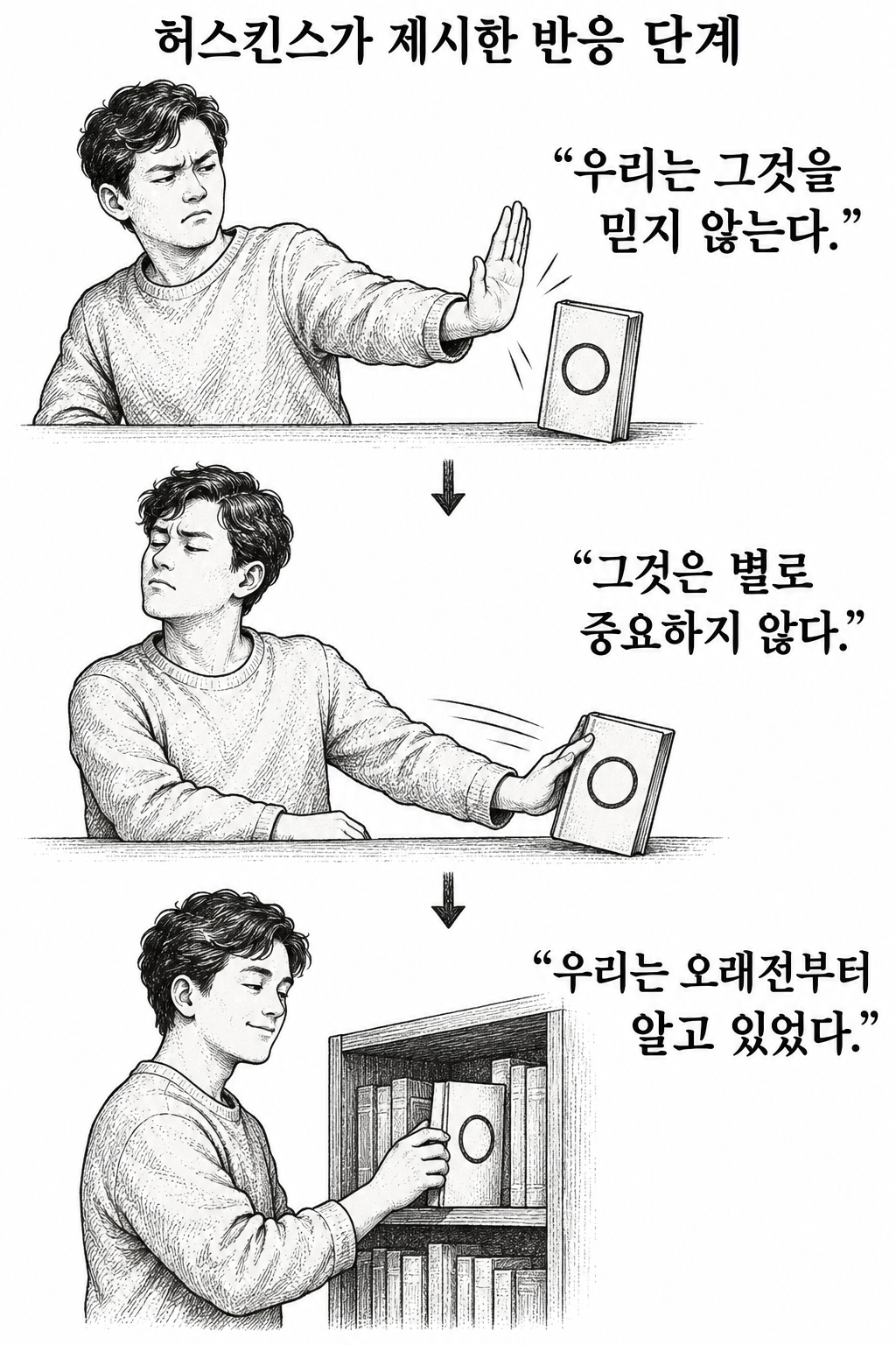 부정, 중요성 축소, 오래전부터 알았다는 주장으로 바뀌는 생각 수용의 세 단계.