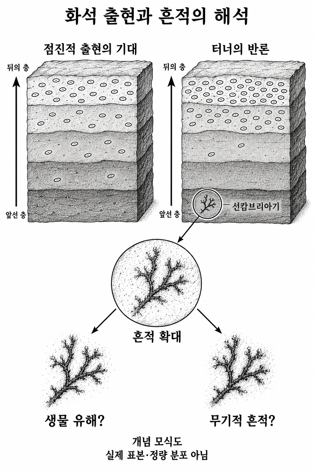 점진적 화석 출현의 기대와 급격한 출현이라는 터너의 반론, 선캄브리아기 흔적의 해석 문제.