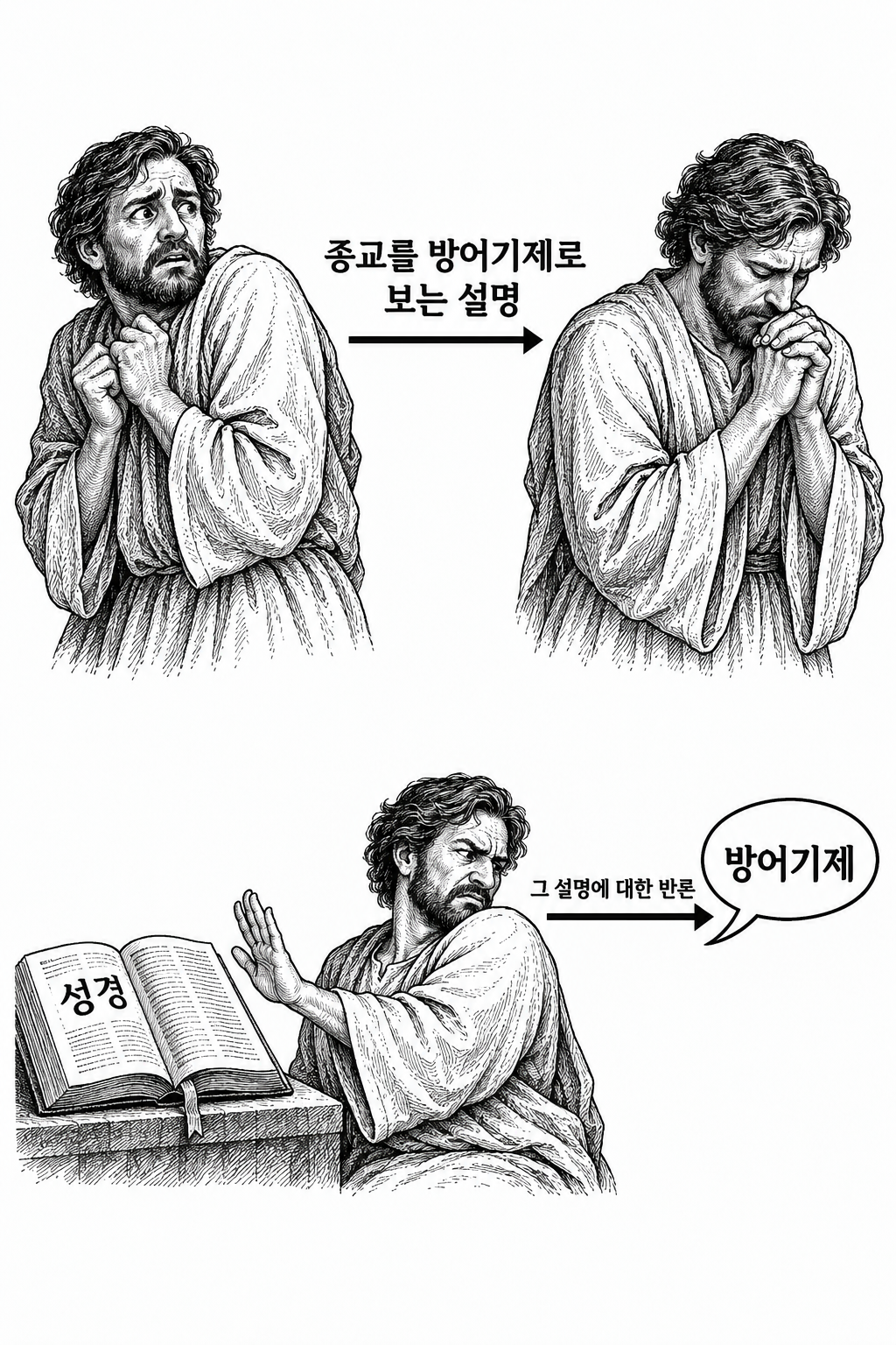 두려움이 종교를 만든다는 설명과 성경에 대한 두려움이 그 설명을 만든다는 반론의 방향 비교.