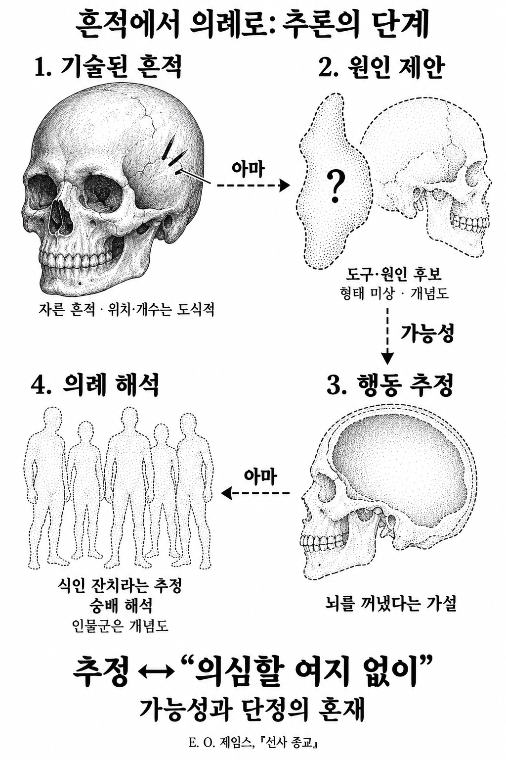 두개골의 절단 흔적에서 행동과 종교 의례를 추정하는 단계별 관계도.