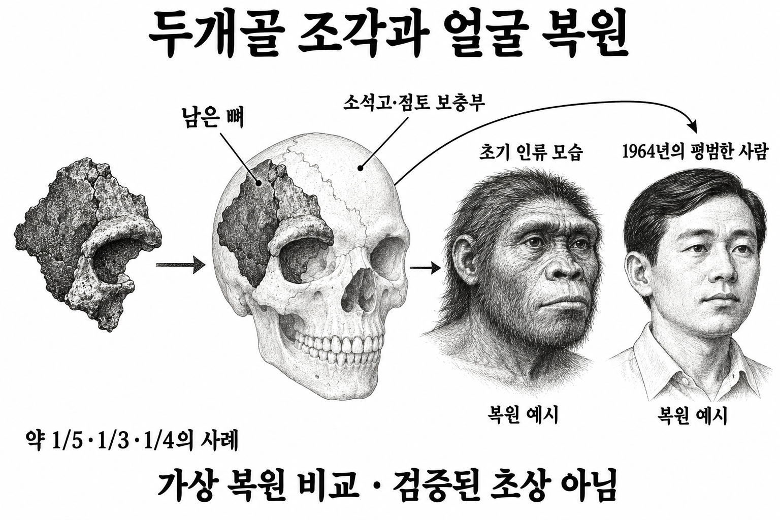 같은 두개골 일부에 보충 재료와 외모 해석을 더해 서로 다른 얼굴을 그릴 수 있다는 반론의 도해.