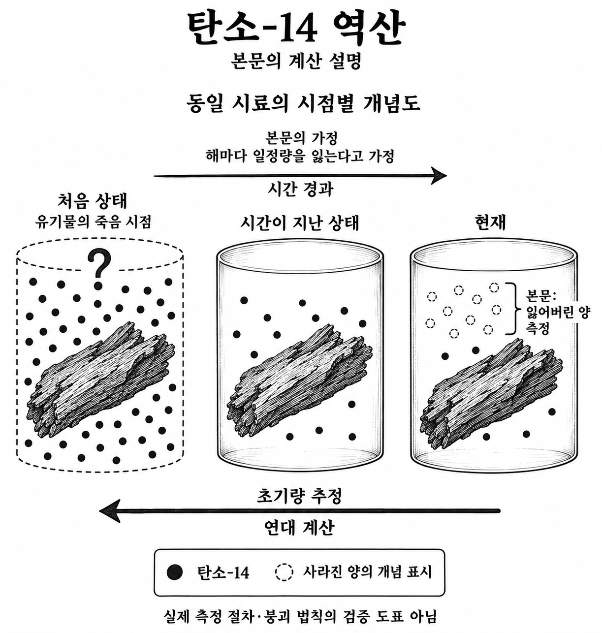 현재의 탄소-14 상태에서 초기량과 경과 시간을 거슬러 추정한다는 본문의 설명.