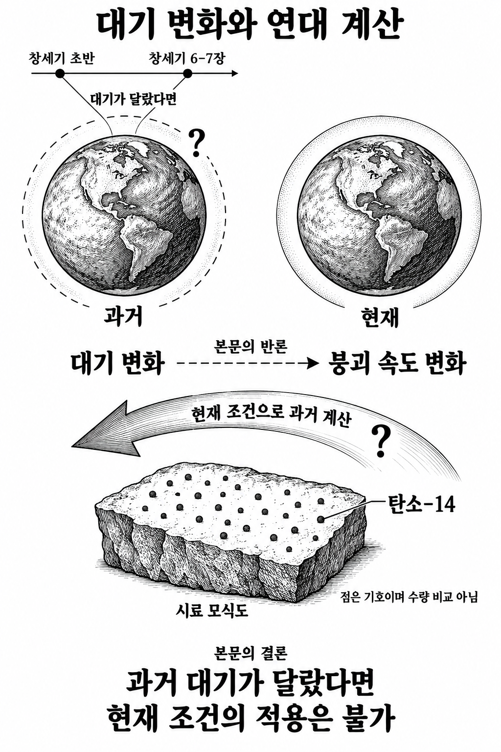 과거 대기가 달랐다면 현재 조건을 과거의 연대 계산에 적용할 수 없다는 본문의 논증 구조.