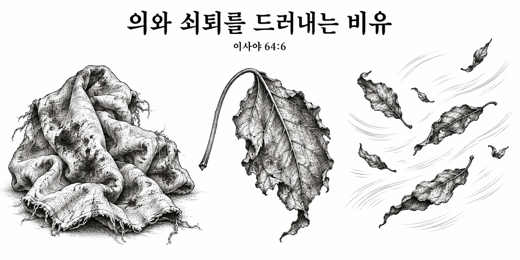 더러운 걸레, 시드는 잎사귀, 바람에 옮겨가는 잎사귀로 표현된 이사야 64:6의 비유.