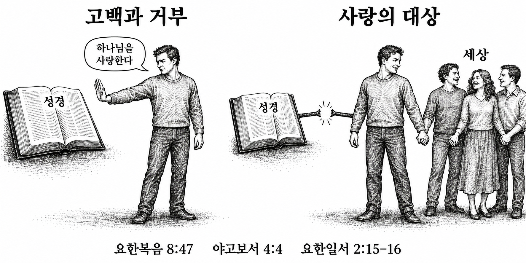 하나님을 사랑한다는 고백과 말씀 거부, 세상과의 친밀함 사이의 모순을 표현한 관계도.