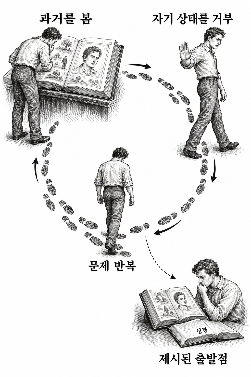 과거에 드러난 자신의 상태를 거부해 같은 문제를 반복한다는 설명과 성경을 토대로 한 역사 연구의 제안.