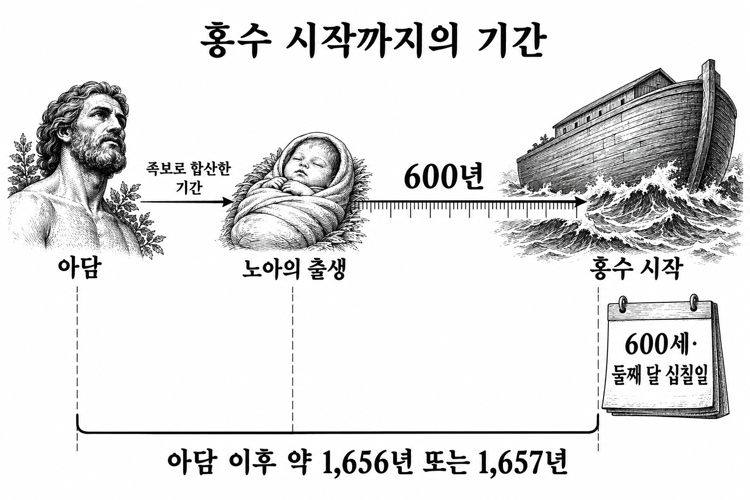 족보로 구한 노아 출생 시점에 600년을 더해 홍수 시작을 놓는 계산 구조.
