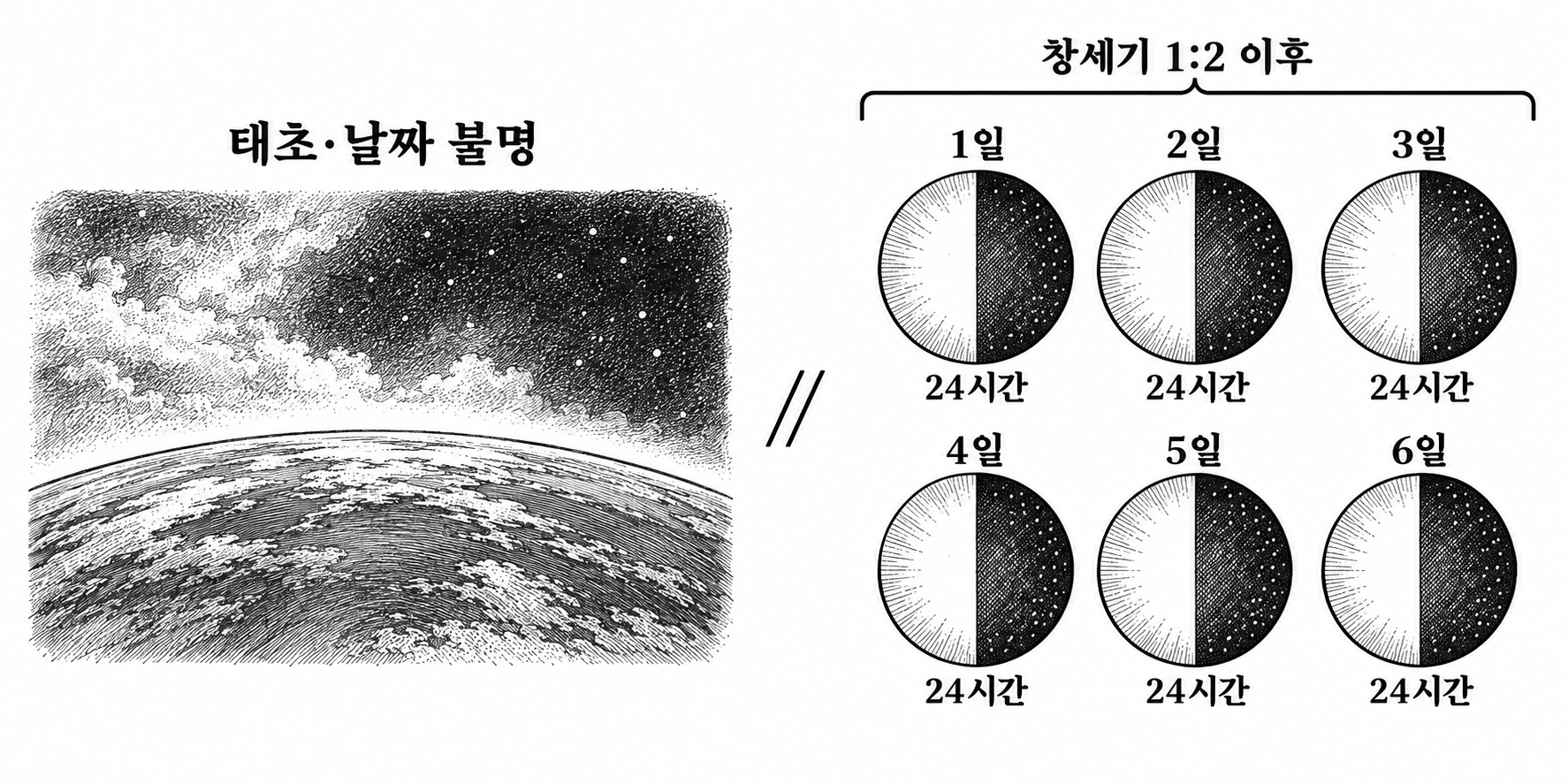 날짜가 특정되지 않은 태초와 각각 24시간으로 설명된 여섯 날을 구분한 시간 개념도.