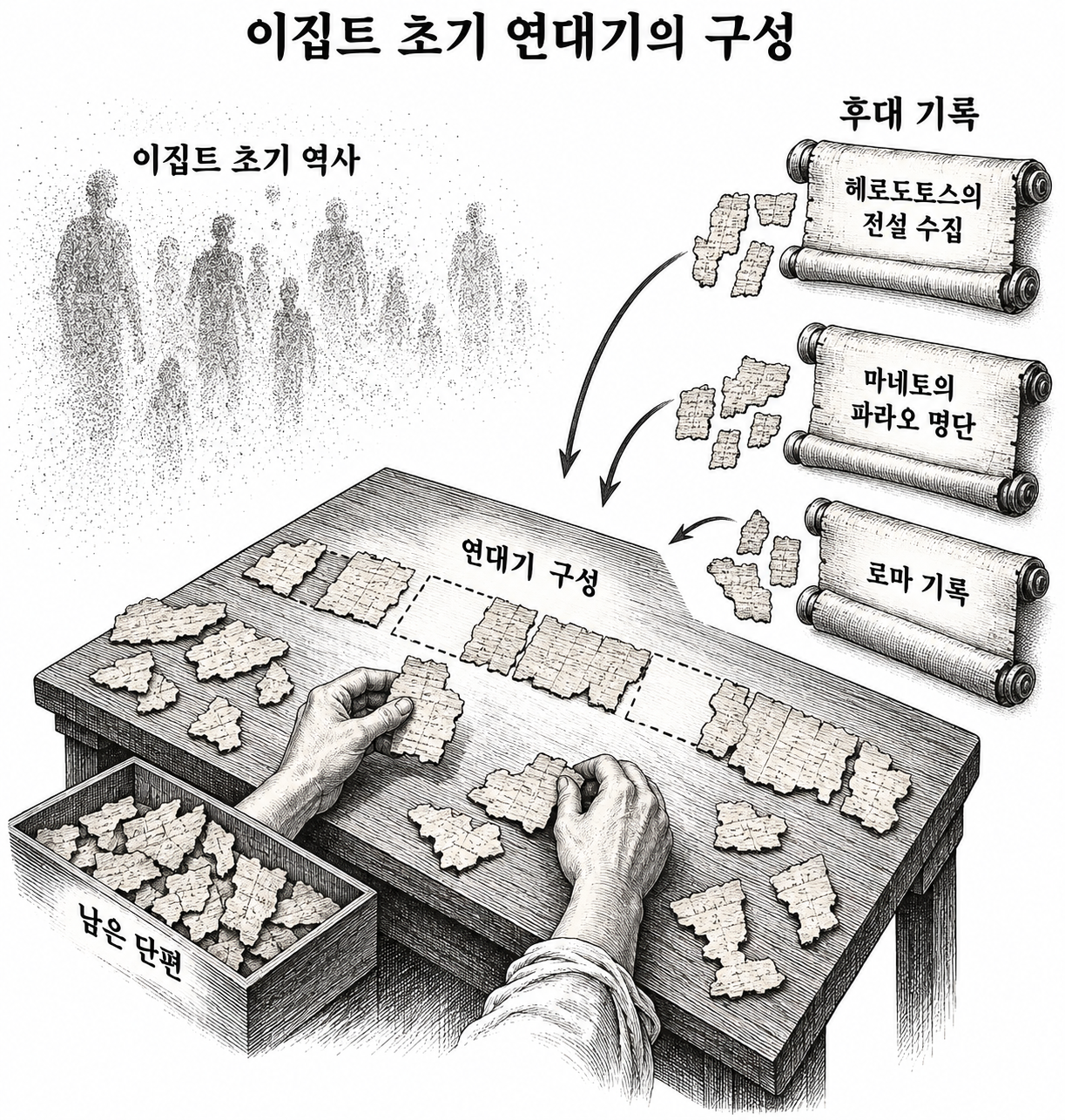 서로 다른 후대 기록과 남은 단편을 모아 이집트 초기 역사를 구성하는 자료 관계도.
